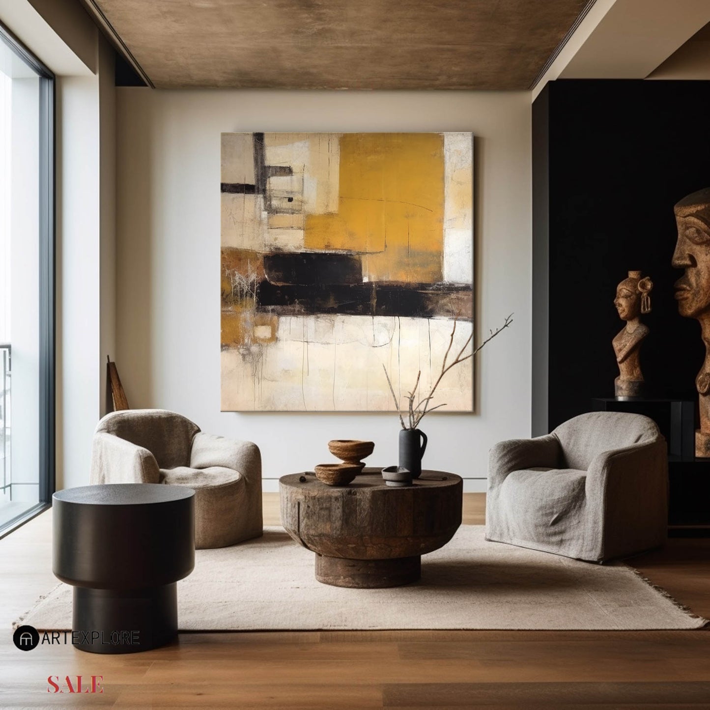 Chic Yellow and Black Modern Abstract Oil Painting for Contemporary Home Decor