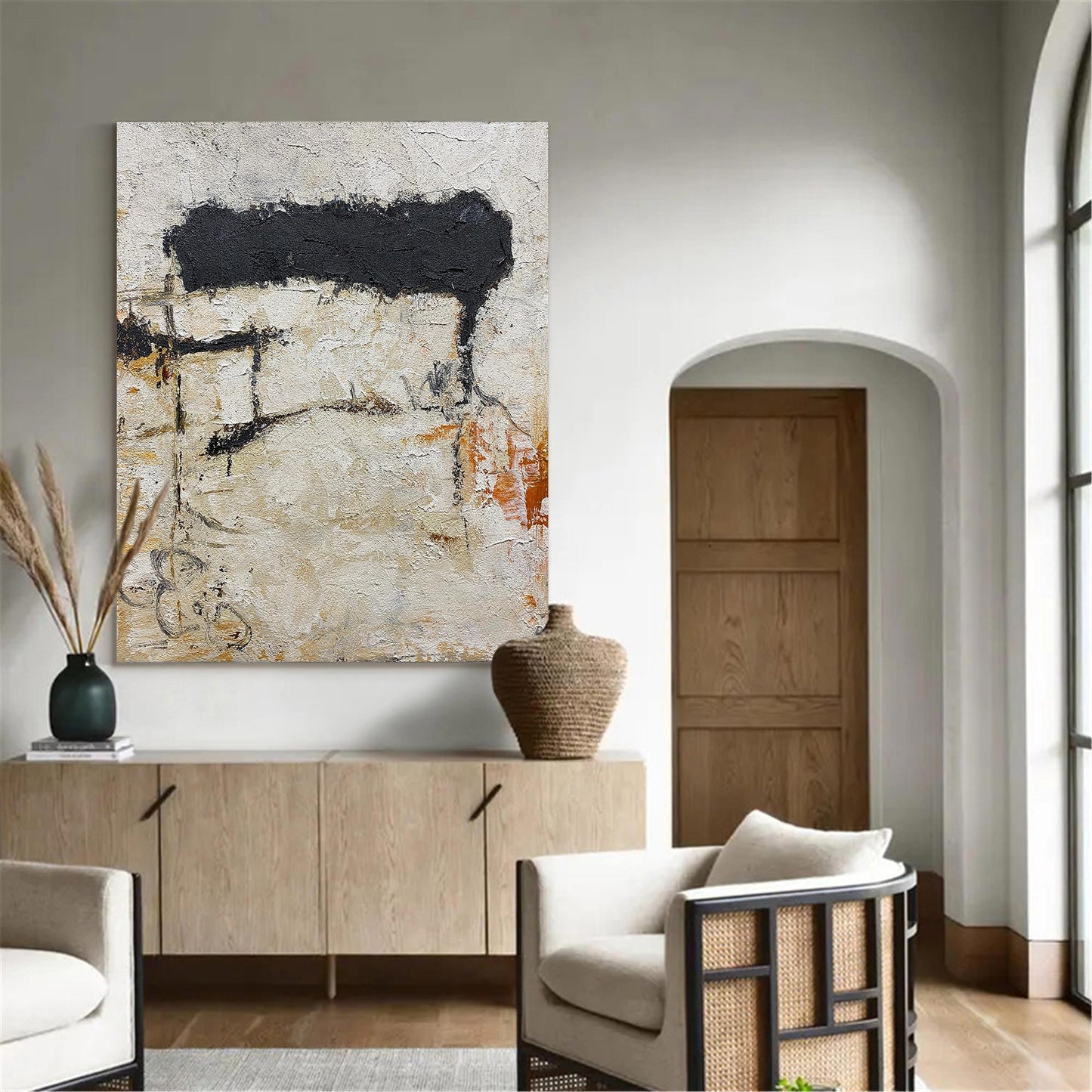 Abstract Black and White Minimalist Oil Painting for Modern Home Décor