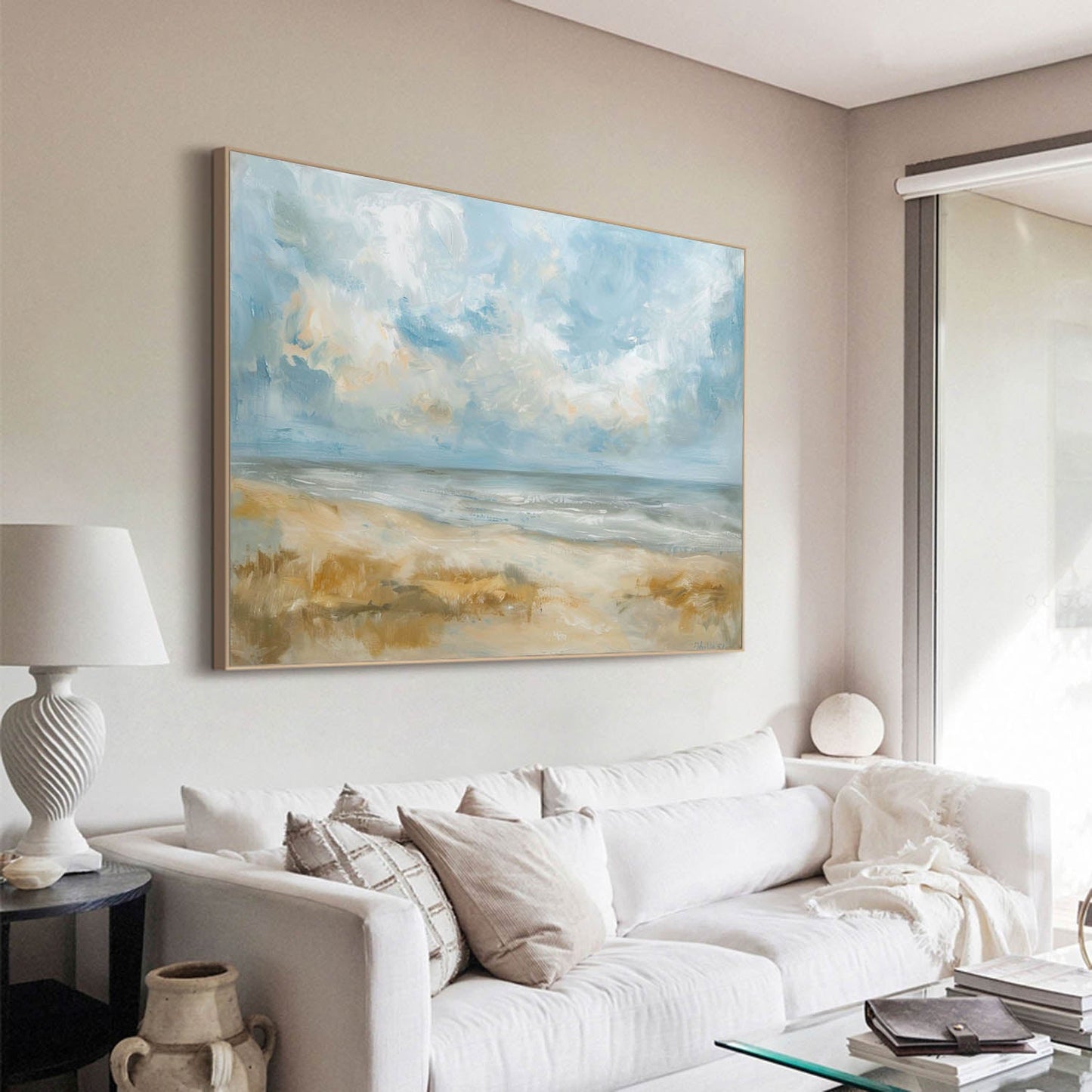 Serene Ocean View: Bright Beach Landscape Oil Painting for Coastal Vibe Decor