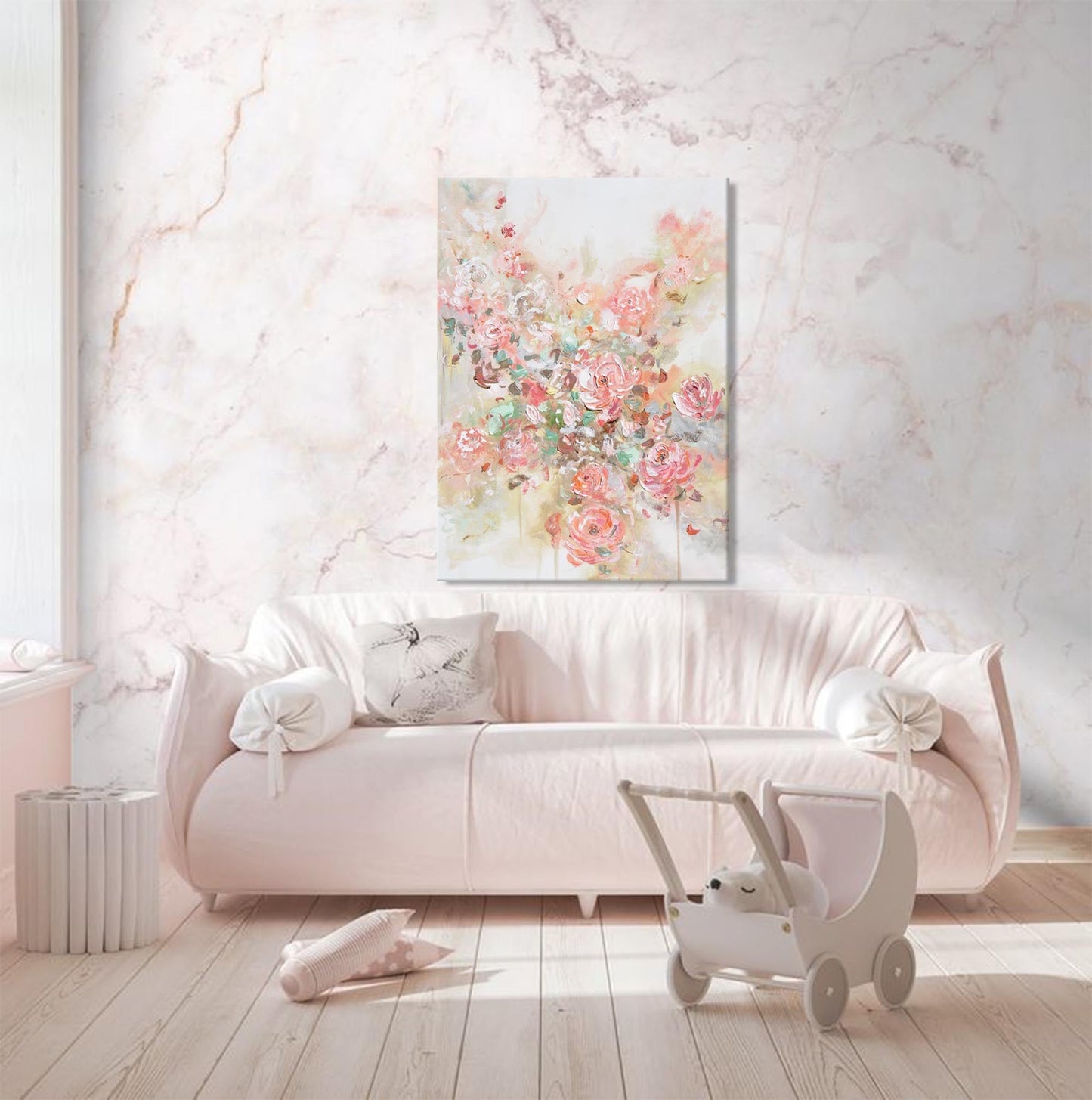 Romantic Floral Oil Painting with Soft Pink Roses and Abstract Background