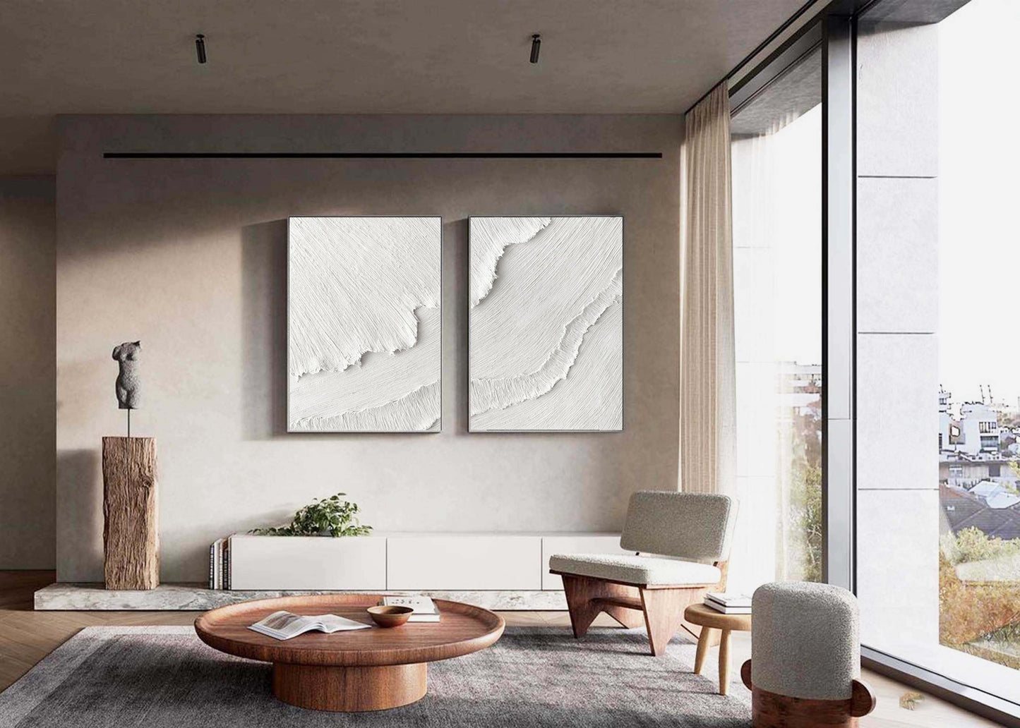 Minimalist White Textured Abstract Oil Paintings for Modern Home Decor Set of Two