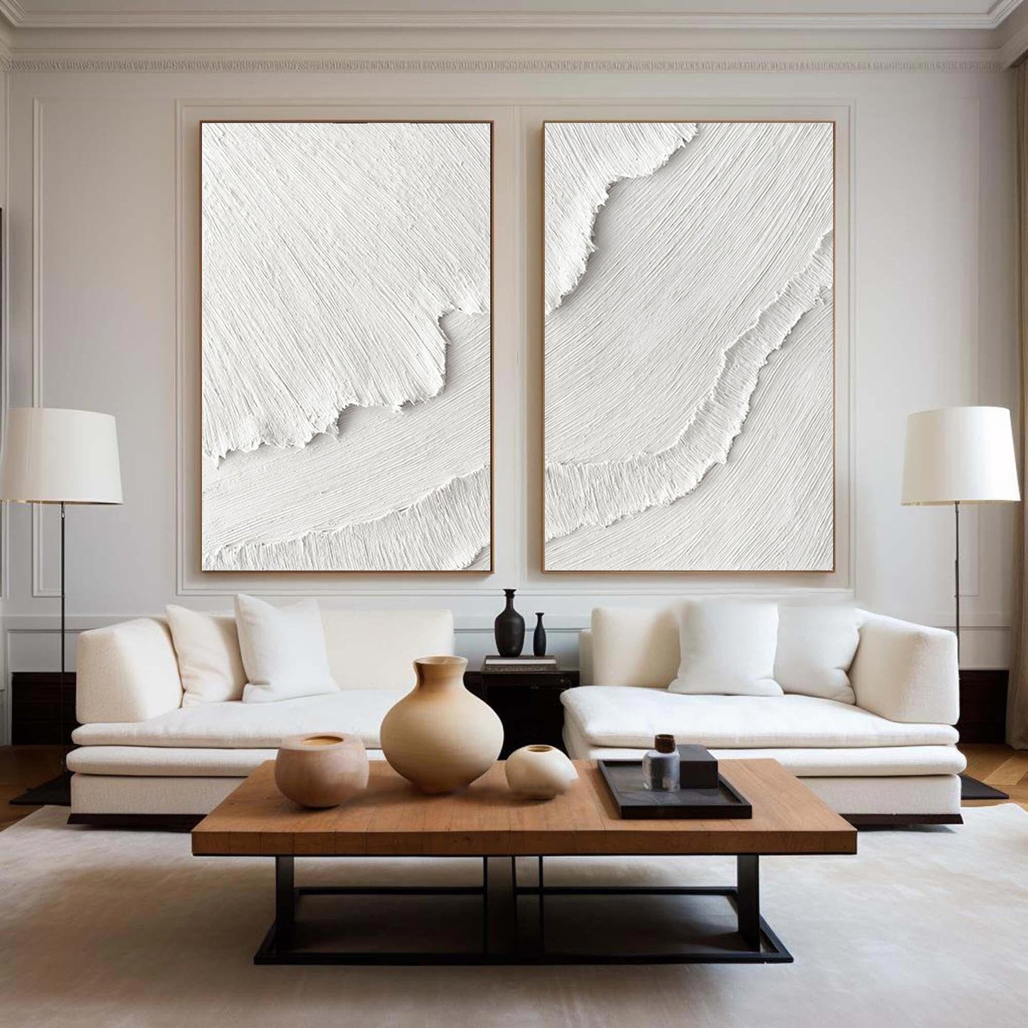 Minimalist White Textured Abstract Oil Paintings for Modern Home Decor Set of Two