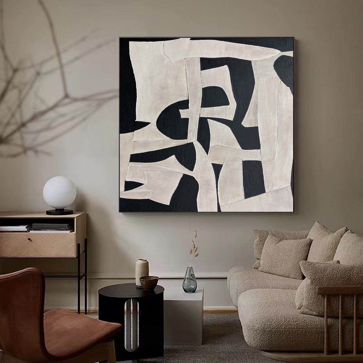 Chic Modern Abstract Oil Painting in Black and White for Stylish Home Décor