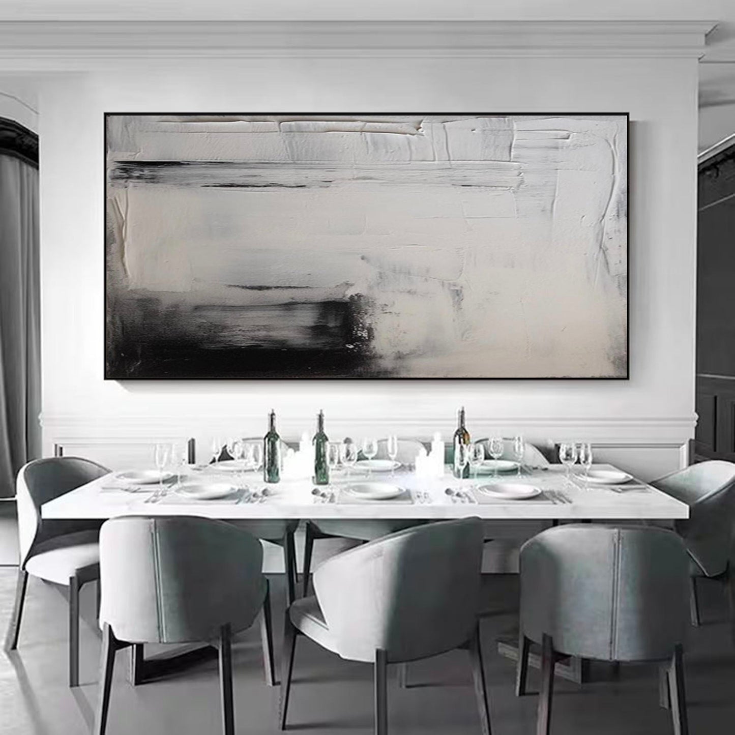 Elegant Black and White Minimalist Abstract Oil Painting for Modern Home Decor