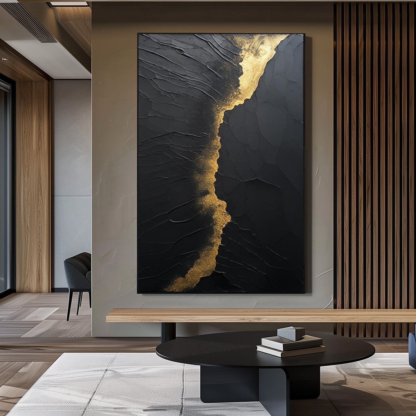 Elegant Black and Gold Minimalist Abstract Oil Painting for Modern Art Lovers