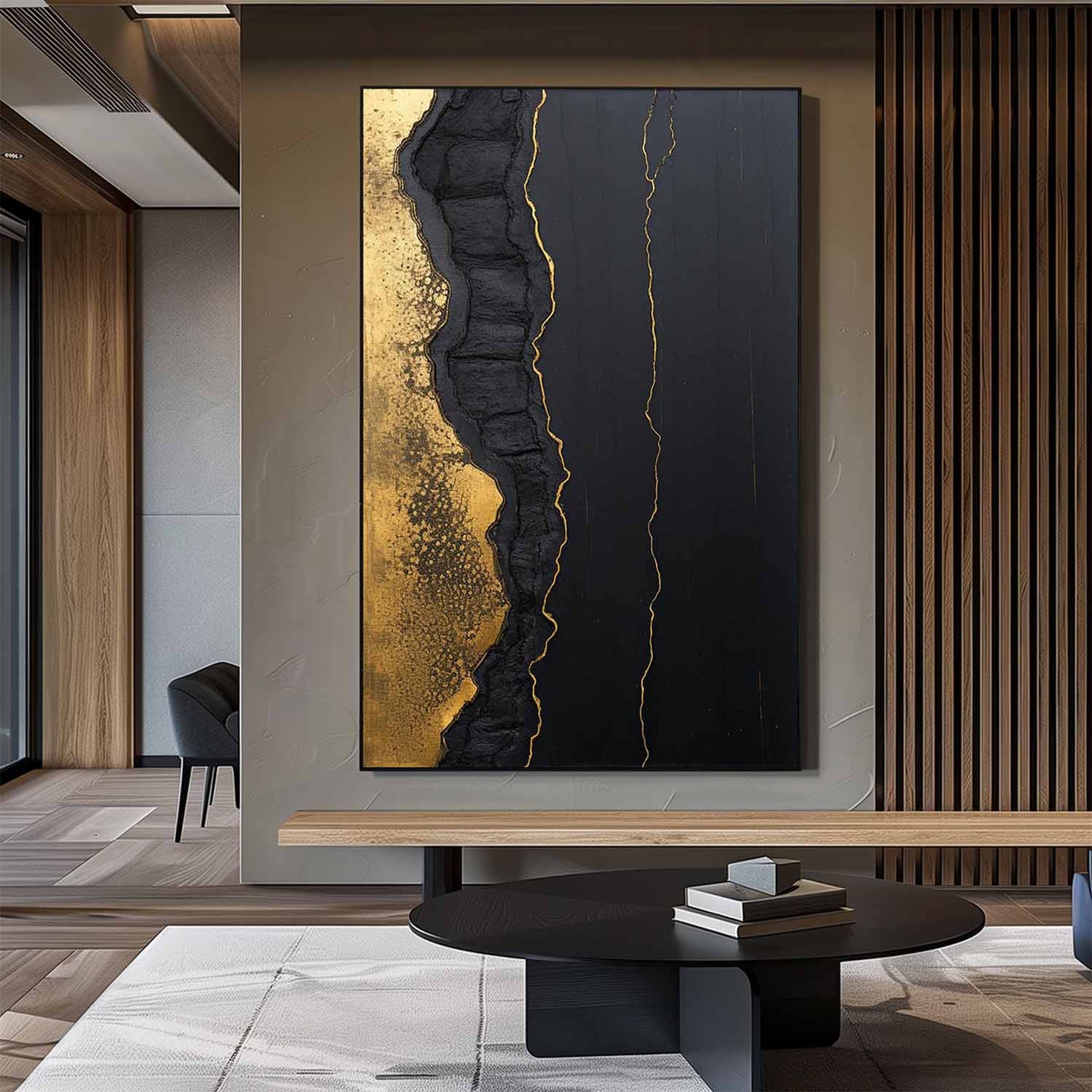 Elegant Black and Gold Minimalist Abstract Oil Painting for Modern Decor