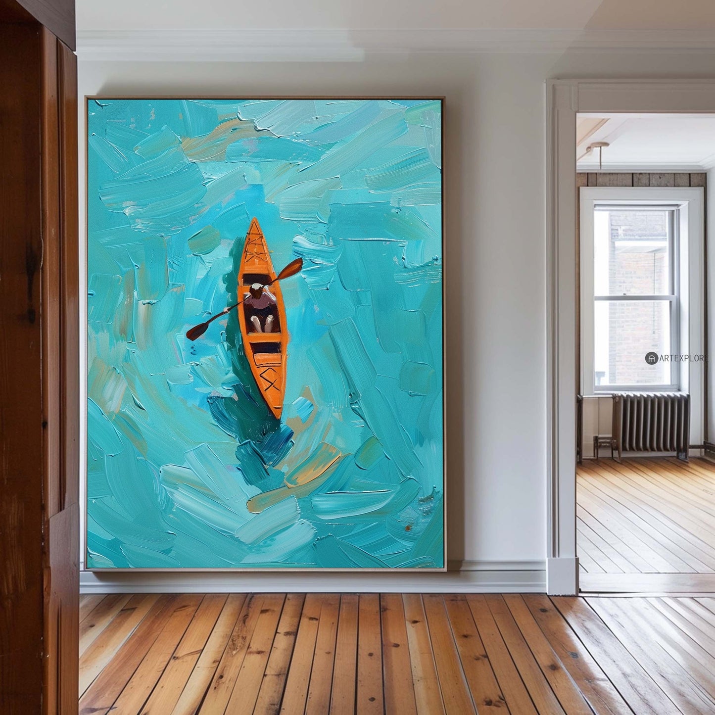 Vibrant Blue Ocean Kayaking Oil Painting for Nautical Home Decor