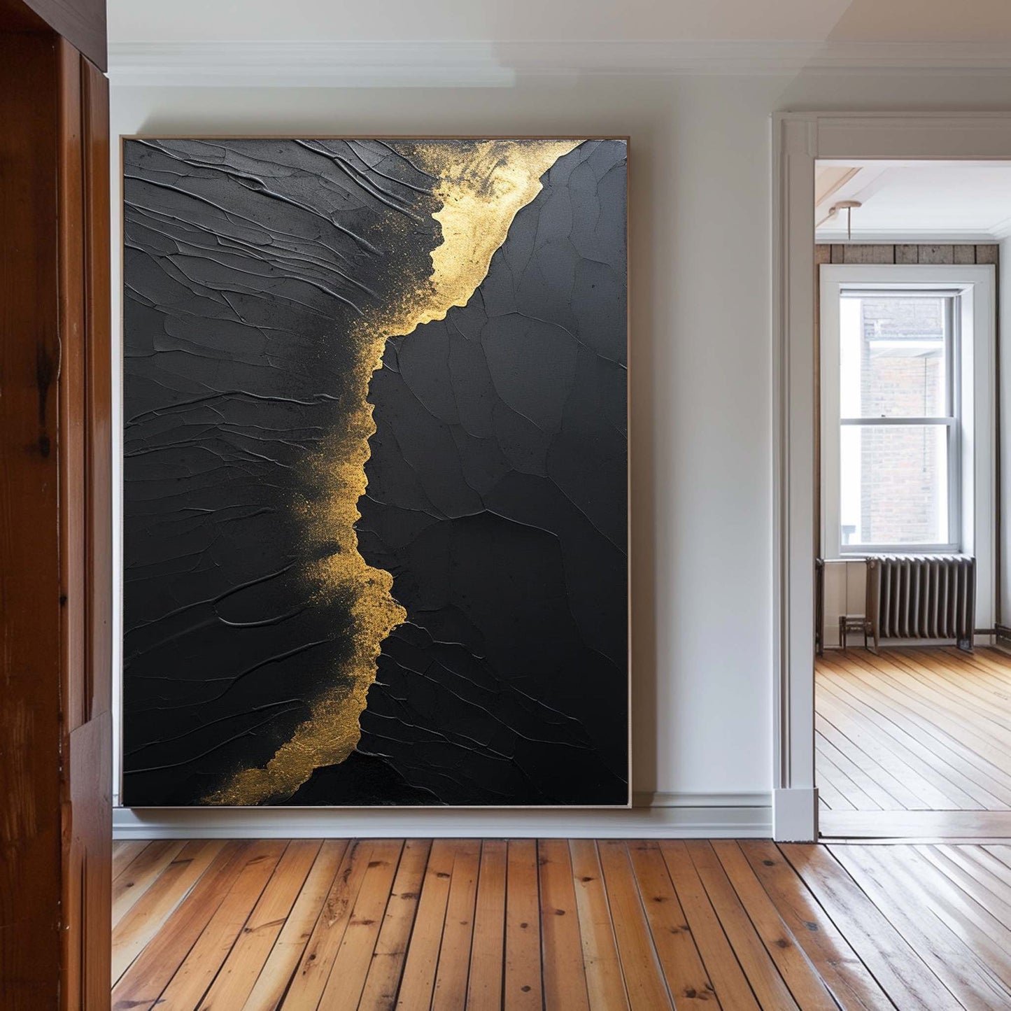 Elegant Black and Gold Minimalist Abstract Oil Painting for Modern Art Lovers
