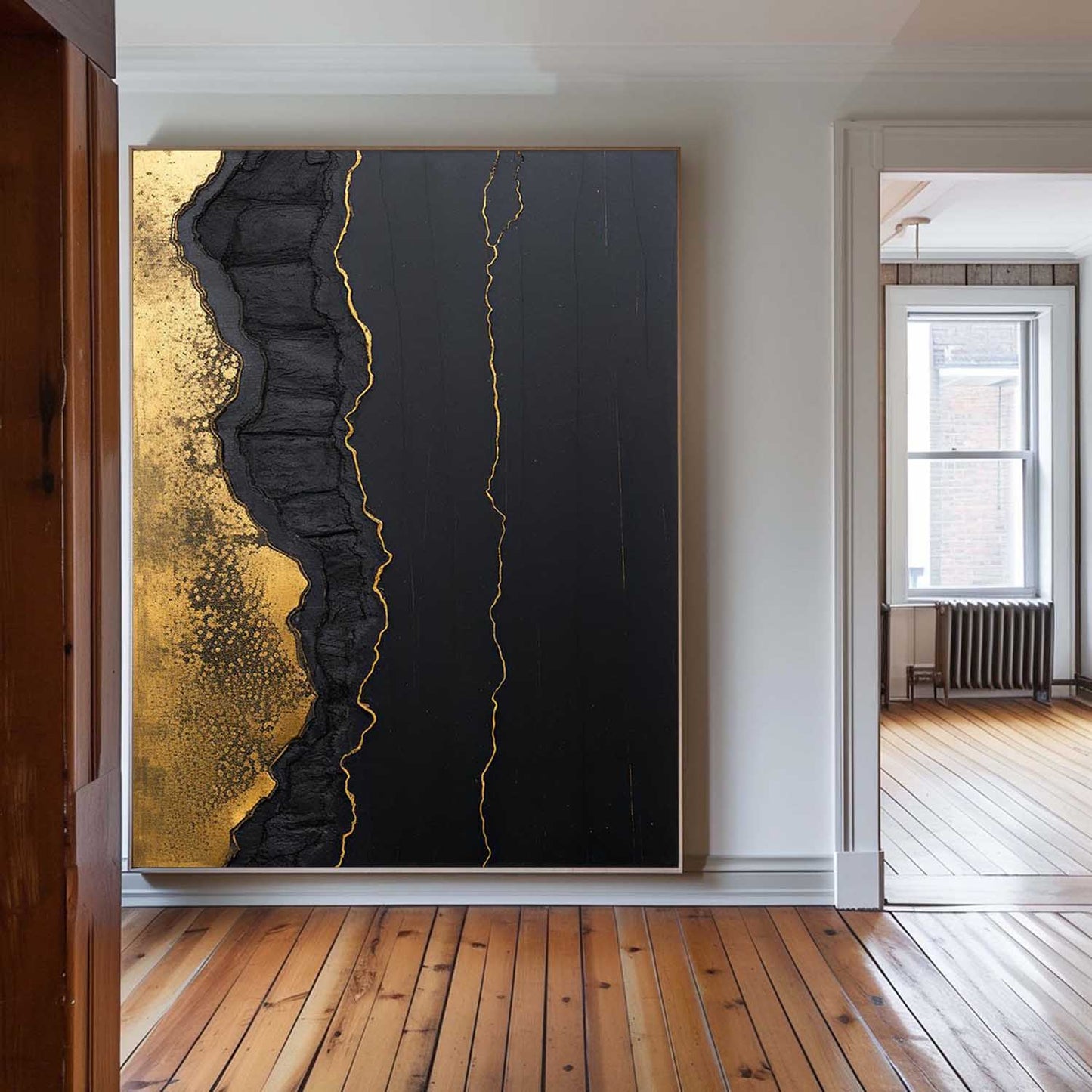 Elegant Black and Gold Minimalist Abstract Oil Painting for Modern Decor