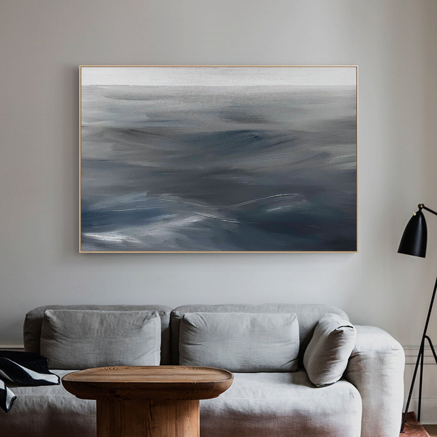 Dynamic Gray Waves - Contemporary Abstract Oil Painting for Modern Home Decor