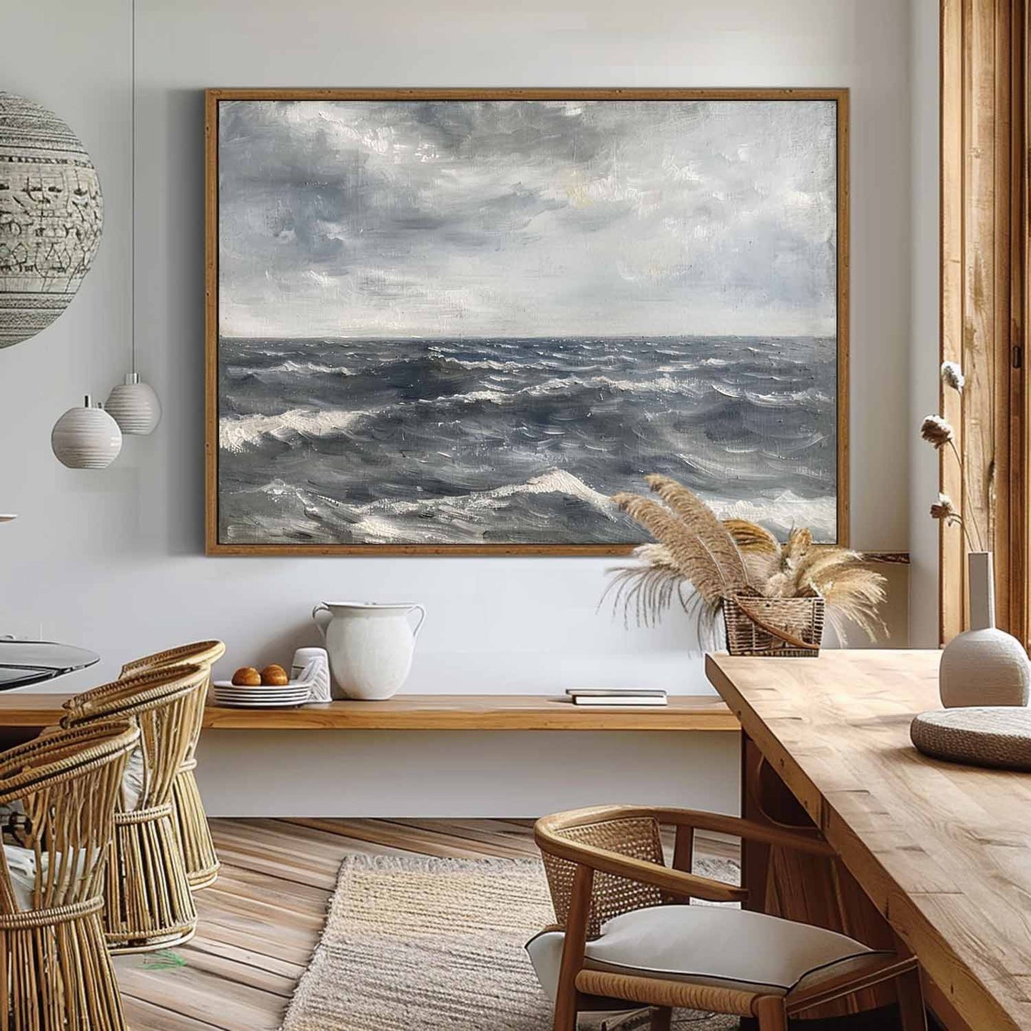 Serene Ocean Waves Oil Painting in Soft Grays and Blues for Timeless Home Decor
