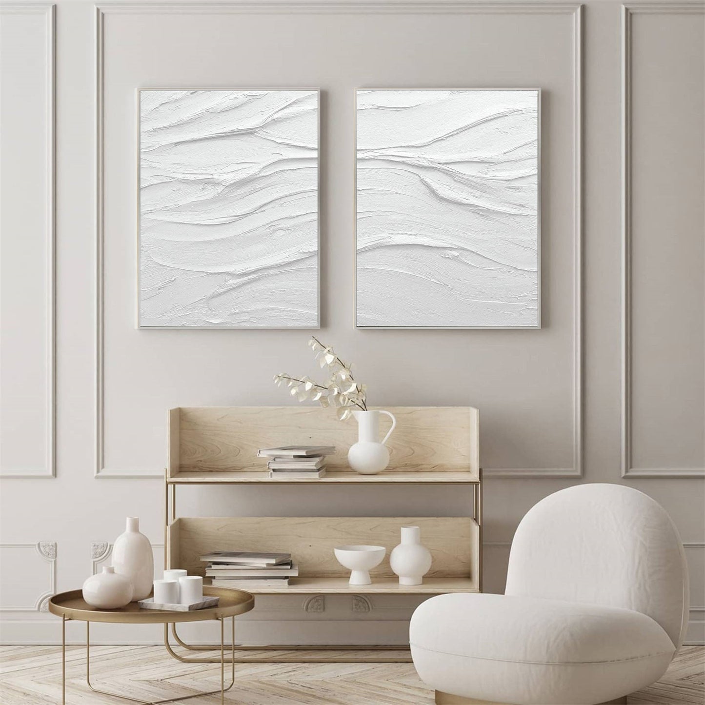Minimalist White Abstract Oil Paintings for Home Decor - Set of Two