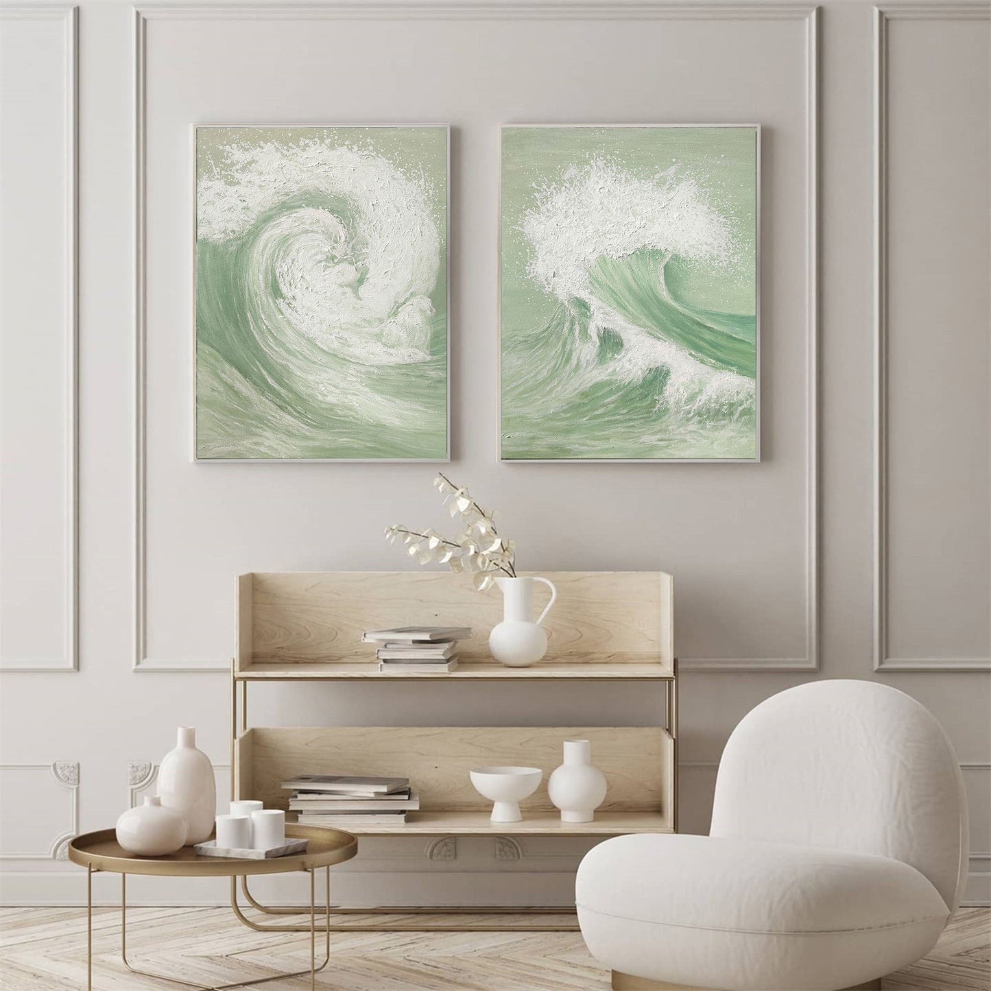 Elegant Green and White Abstract Wave Art for Modern Home Decor Set