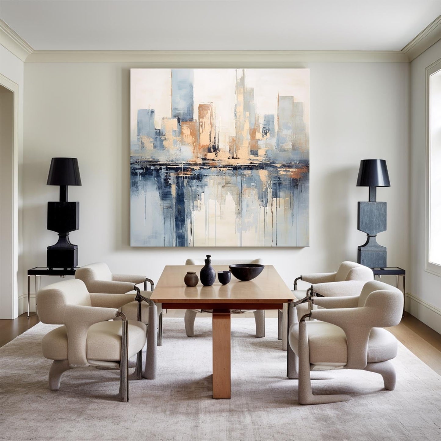 Contemporary Cityscape Oil Painting with Abstract Reflections