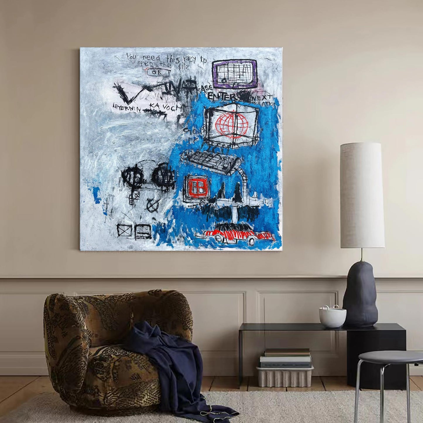Contemporary Abstract Graffiti Painting with Tech-Inspired Elements
