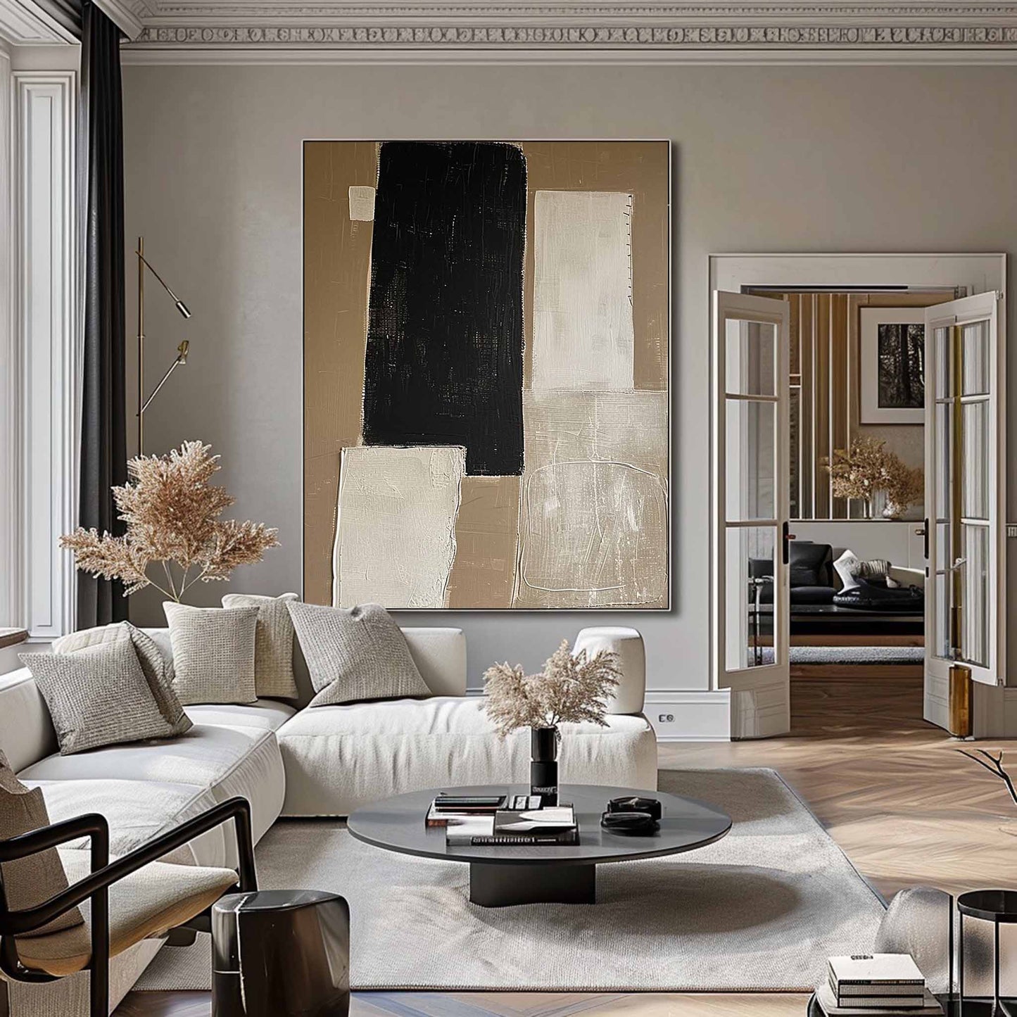 Elegant Minimalist Black and White Abstract Oil Painting for Modern Home Decor