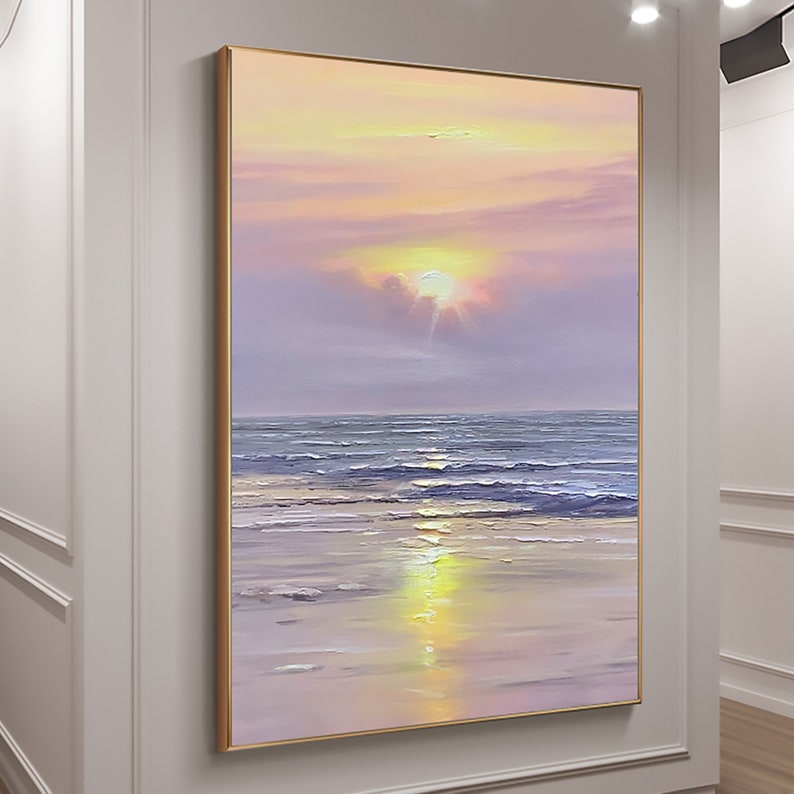 Vibrant Sunset Over Tranquil Ocean - Serene Purple Sky Oil Painting