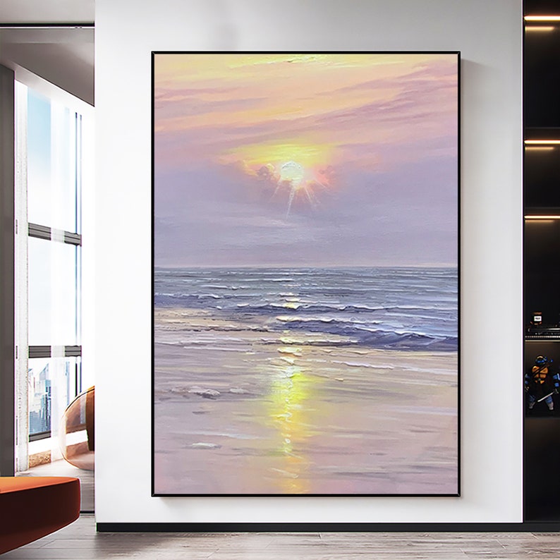 Vibrant Sunset Over Tranquil Ocean - Serene Purple Sky Oil Painting