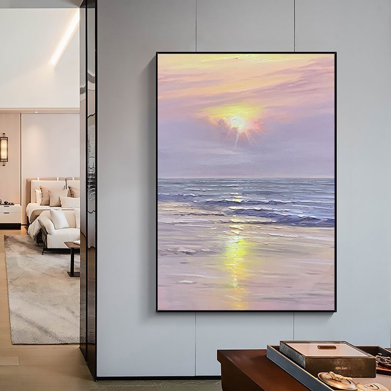 Vibrant Sunset Over Tranquil Ocean - Serene Purple Sky Oil Painting