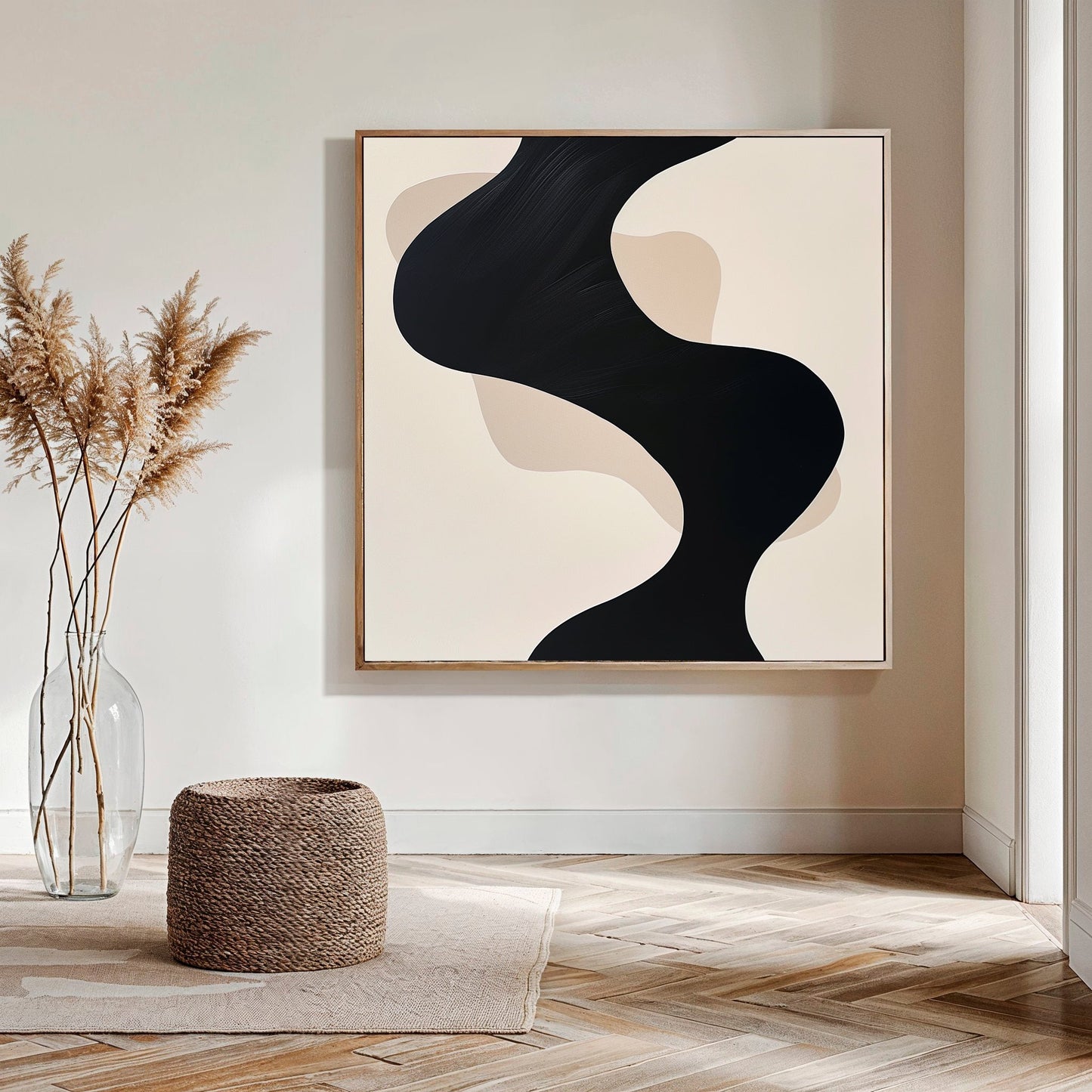 Black and Beige Abstract Oil Painting for Modern Home Decor