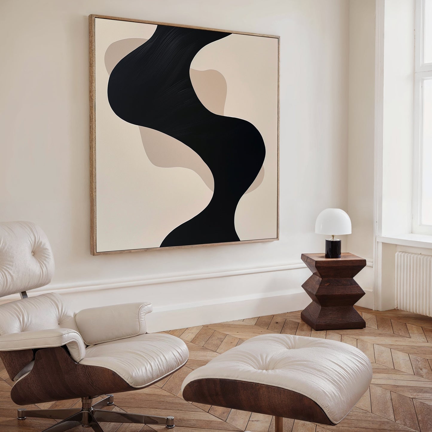 Black and Beige Abstract Oil Painting for Modern Home Decor