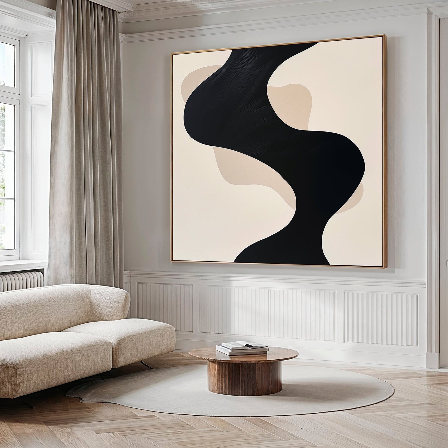 Black and Beige Abstract Oil Painting for Modern Home Decor