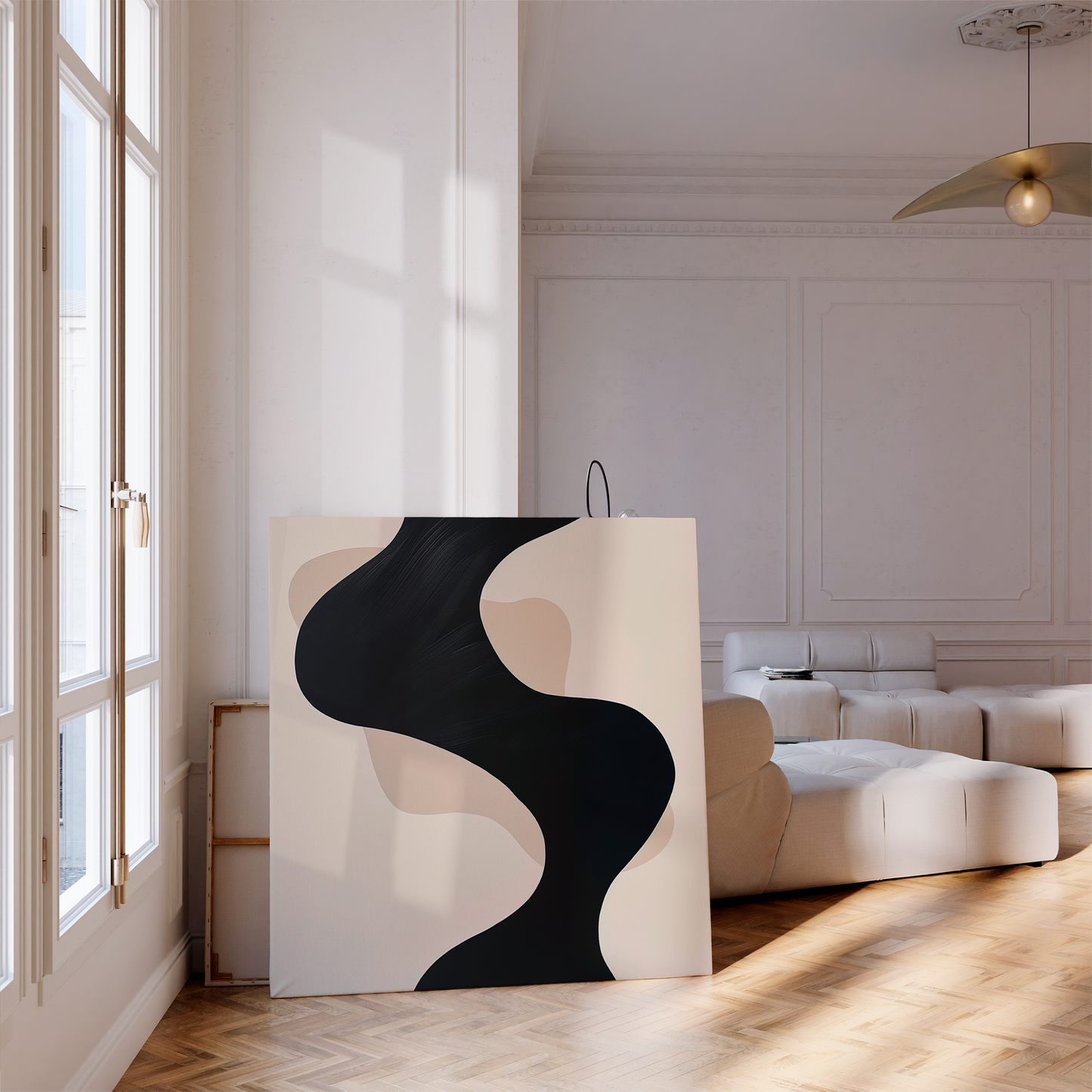 Black and Beige Abstract Oil Painting for Modern Home Decor