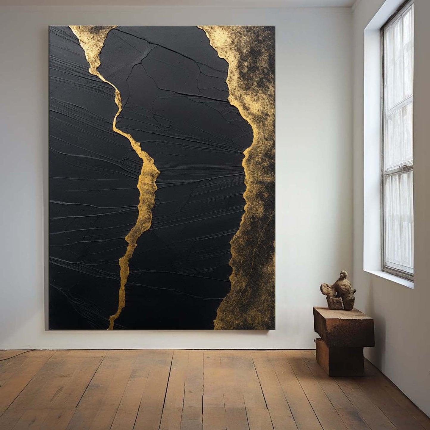 Elegant Black and Gold Minimalist Abstract Oil Painting for Modern Home Decor