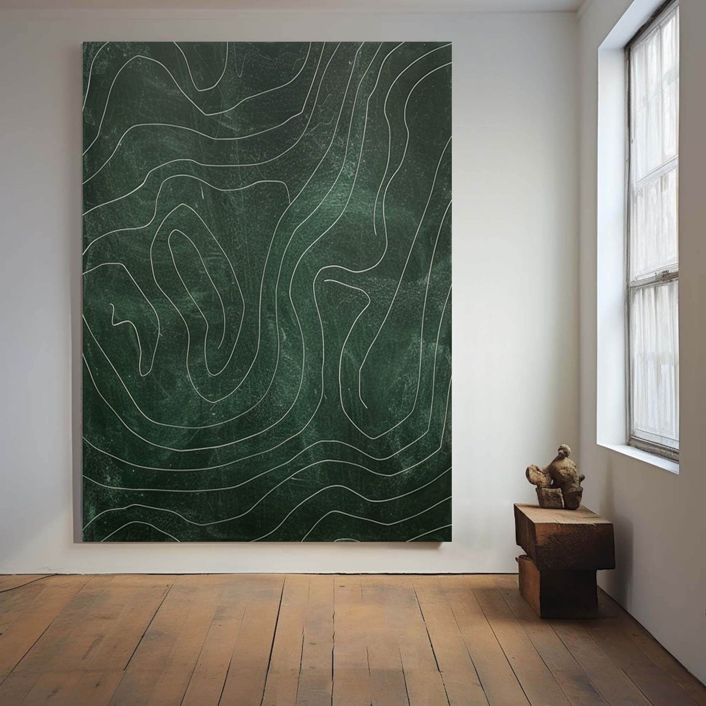 Contemporary Green Abstract Oil Painting with Dynamic Line Work