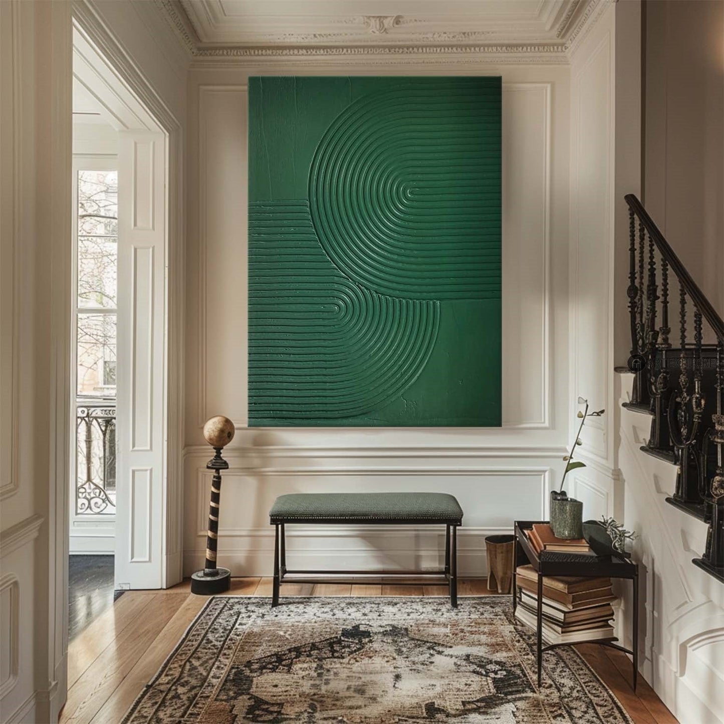 Contemporary Green Abstract Oil Painting with Minimalist Texture