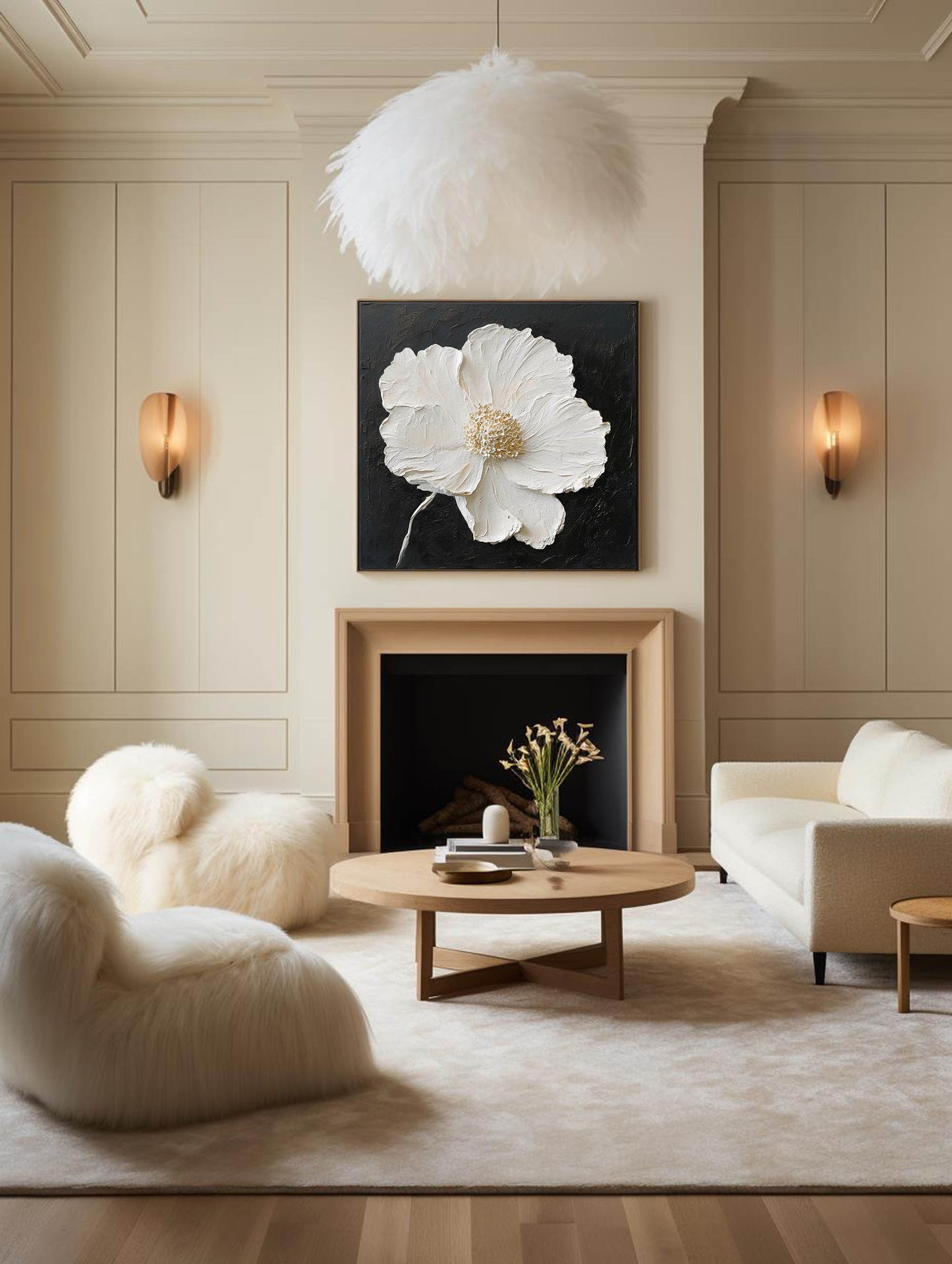 Elegant White Flower Abstract Oil Painting on Black Canvas for Modern Decor