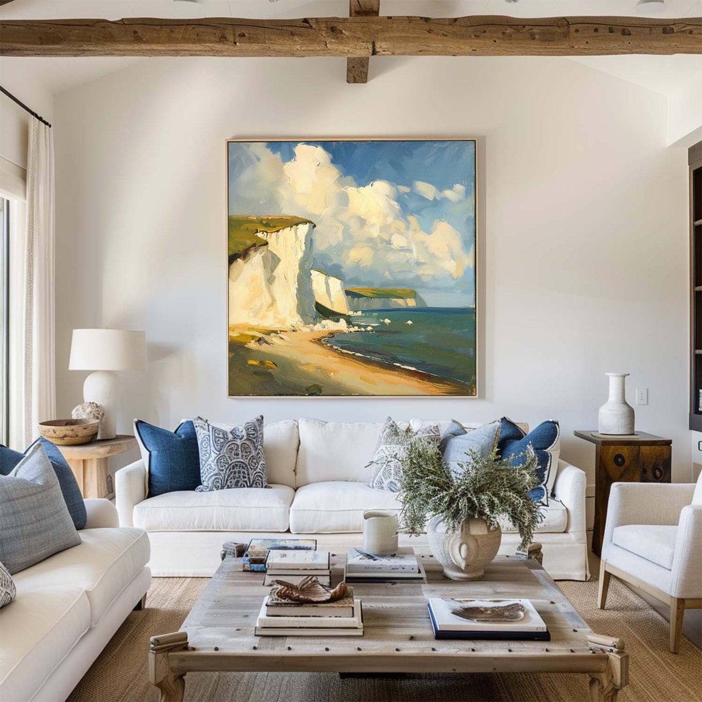 Coastal Serenity: Vibrant Oil Painting of Cliffs and Ocean Waves
