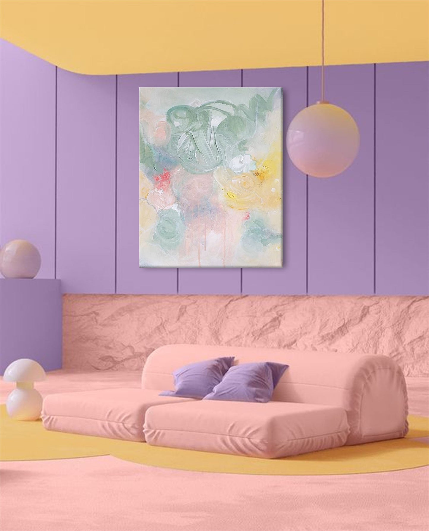 Whimsical Abstract Oil Painting with Soft Pastel Colors and Unique Textures