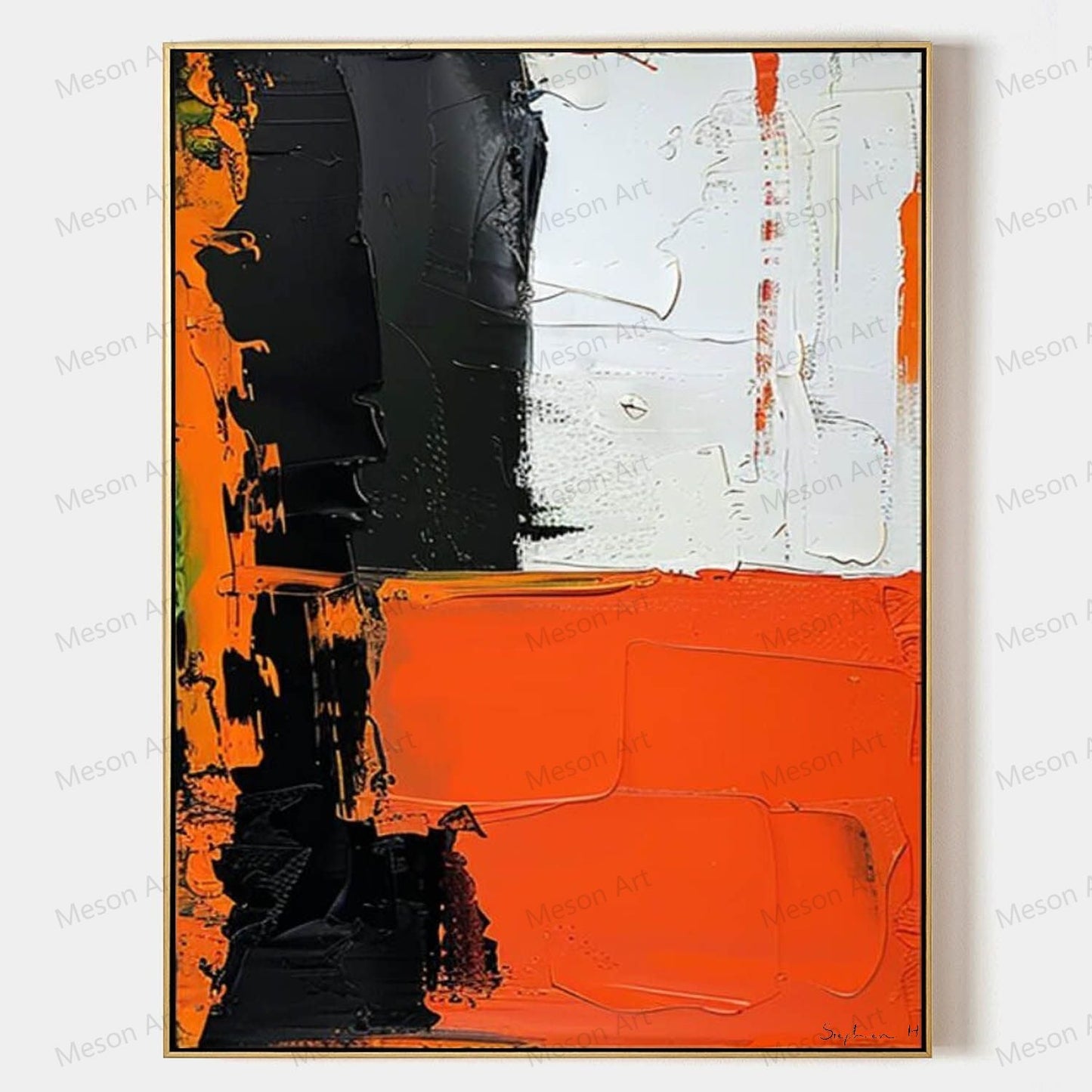 Bold Abstract Oil Painting with Black, White, and Orange Accents for Modern Decor