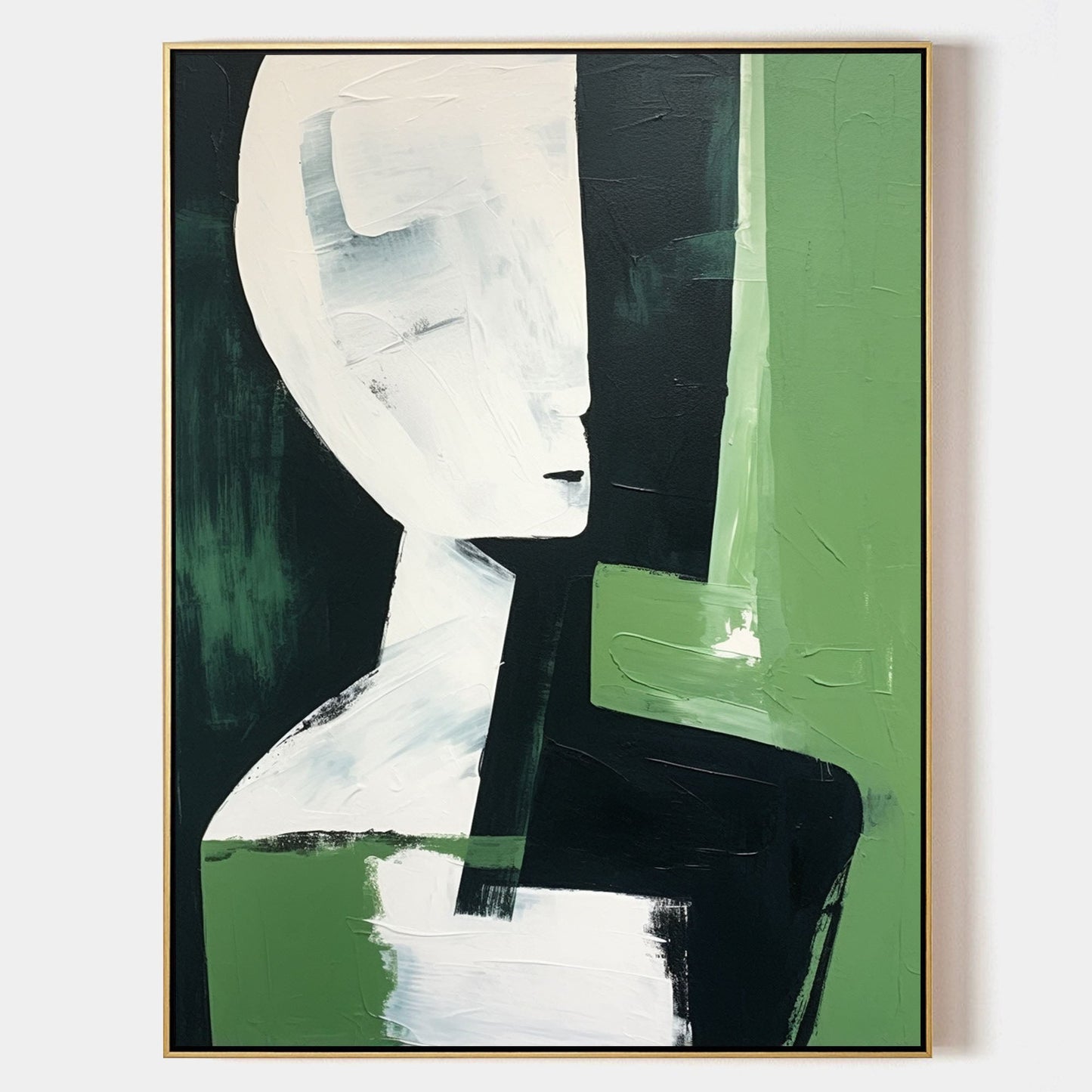 Abstract Green and White Portrait Oil Painting for Modern Home Décor