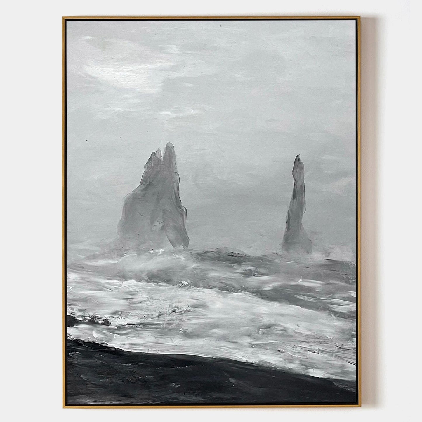 Monochromatic Coastal Landscape Oil Painting with Dramatic Waves and Rocks