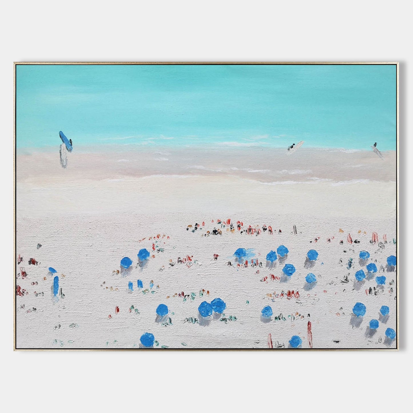 Vibrant Beach Scene Oil Painting with Colorful Umbrellas and Soft Sky