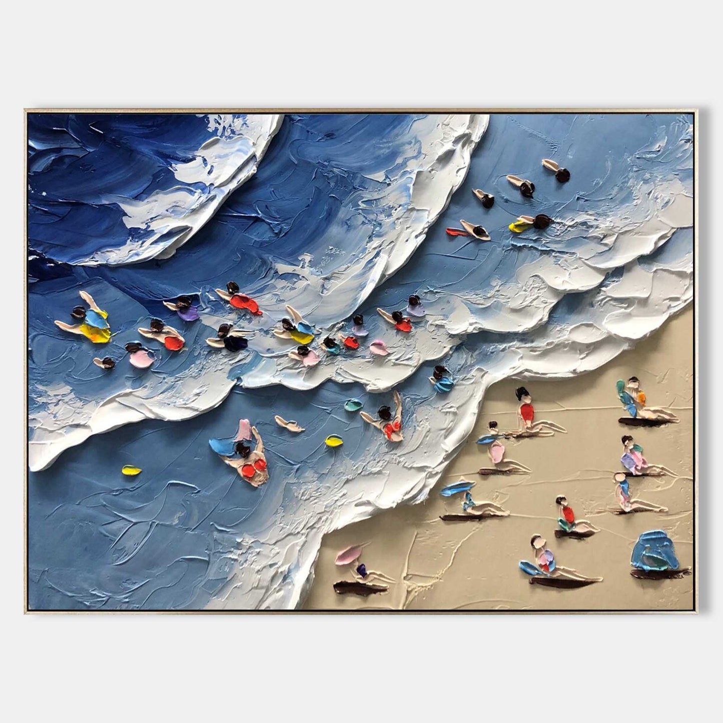 Beach Bliss: Textured Oil Painting of Sunbathers and Vibrant Ocean Waves