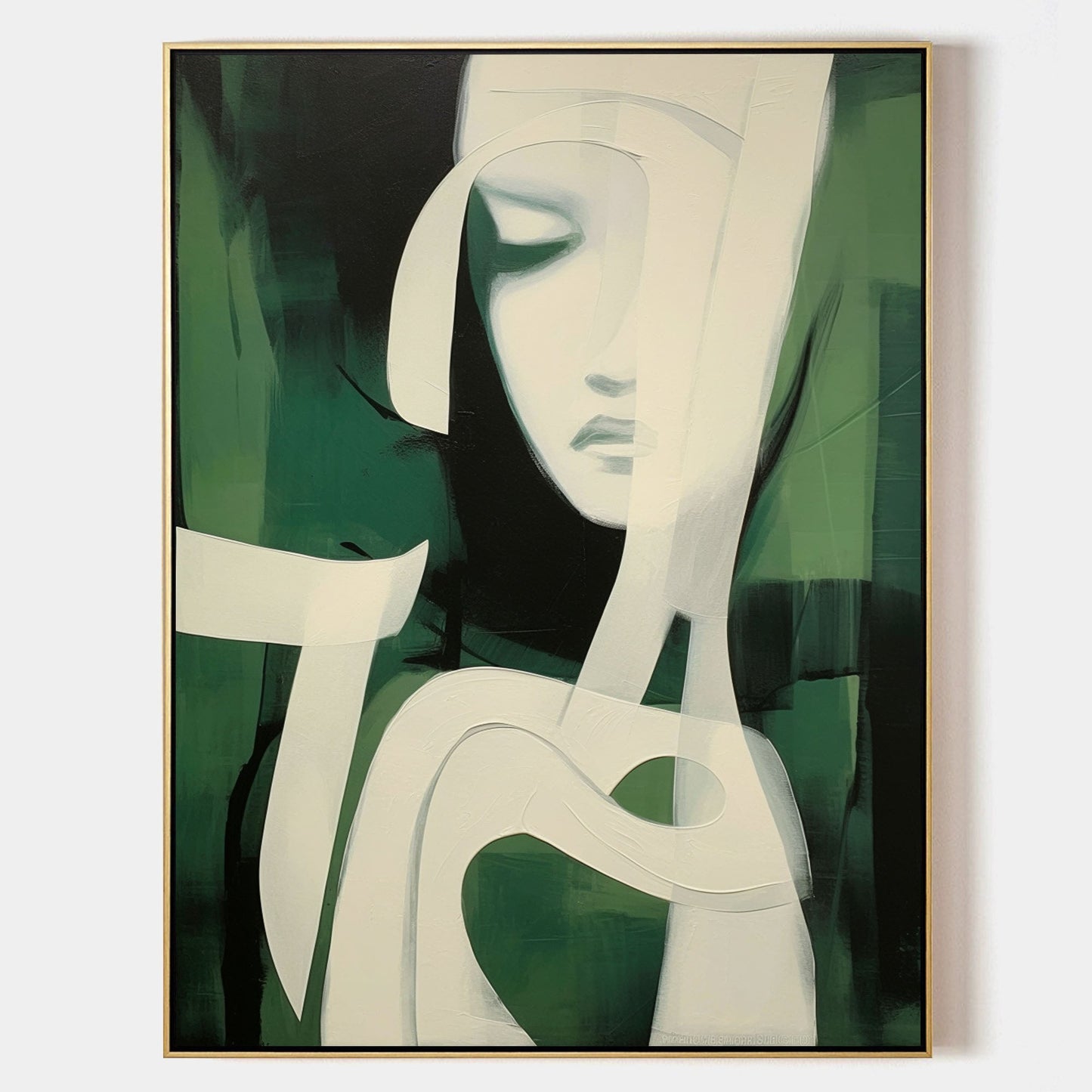 Serene Green Minimalist Oil Painting of Abstract Feminine Form
