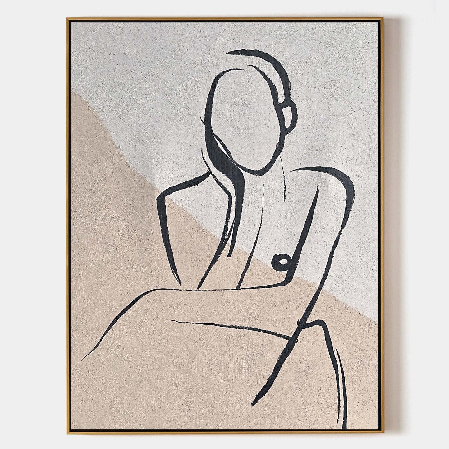 Elegant Beige Abstract Oil Painting with Minimalist Figure Art for Modern Home Decor