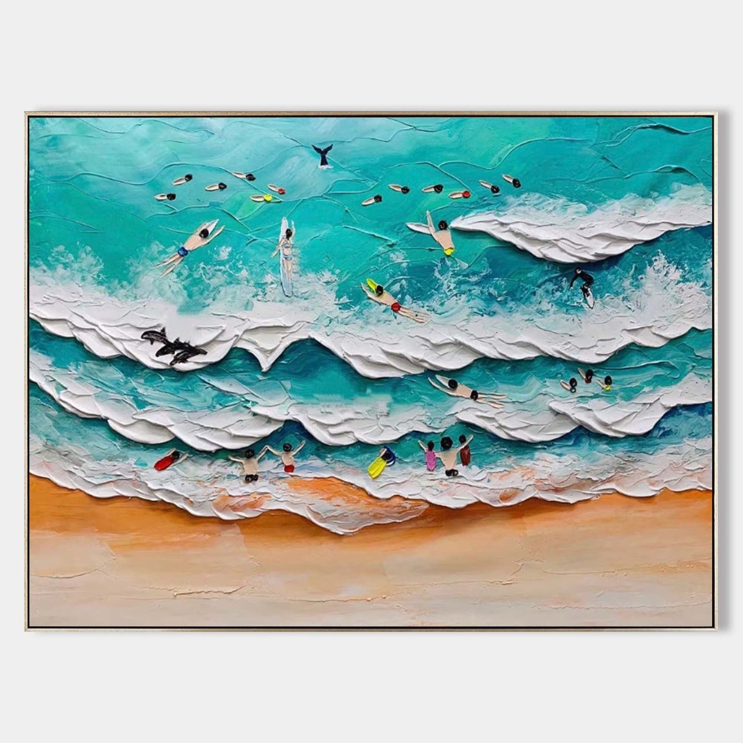 Vibrant Ocean Waves and Surfers Oil Painting with Textural Depth