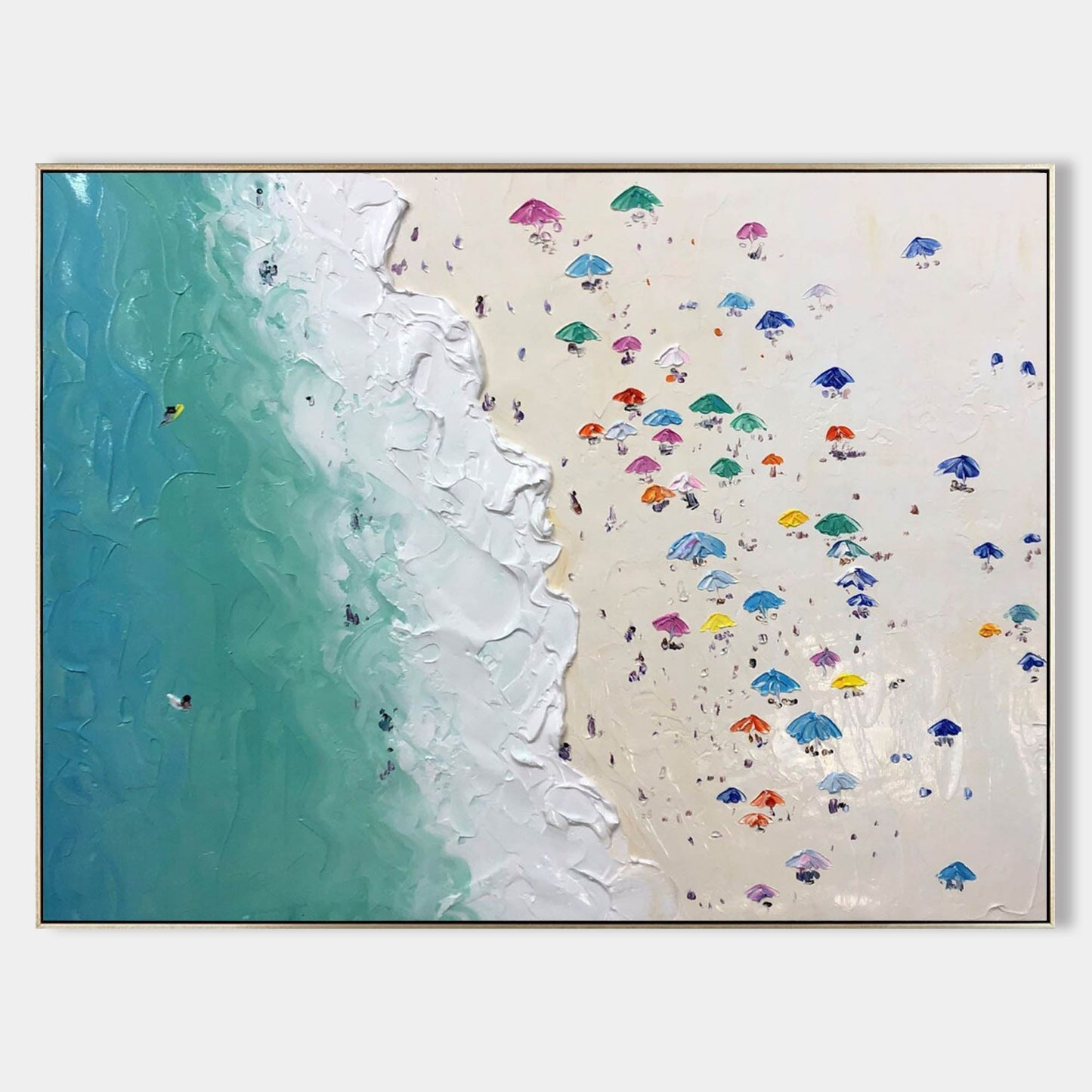 Vibrant Beach Scene Oil Painting with Colorful Umbrellas and Ocean Waves