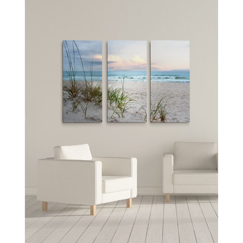 Serene Coastal Landscape Triptych with Soft Waves and Golden Sands