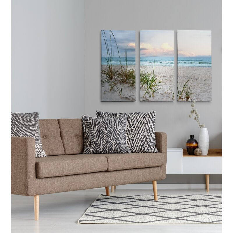 Serene Coastal Landscape Triptych with Soft Waves and Golden Sands