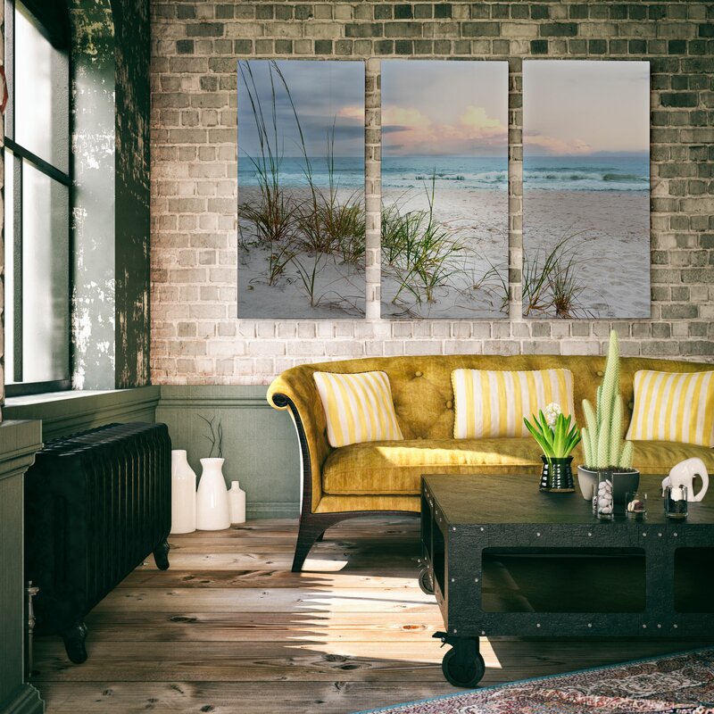 Serene Coastal Landscape Triptych with Soft Waves and Golden Sands