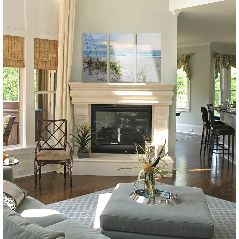 Serene Coastal Landscape Triptych with Soft Waves and Golden Sands