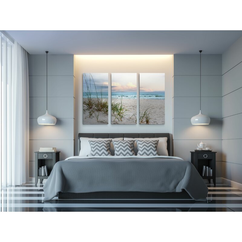 Serene Coastal Landscape Triptych with Soft Waves and Golden Sands