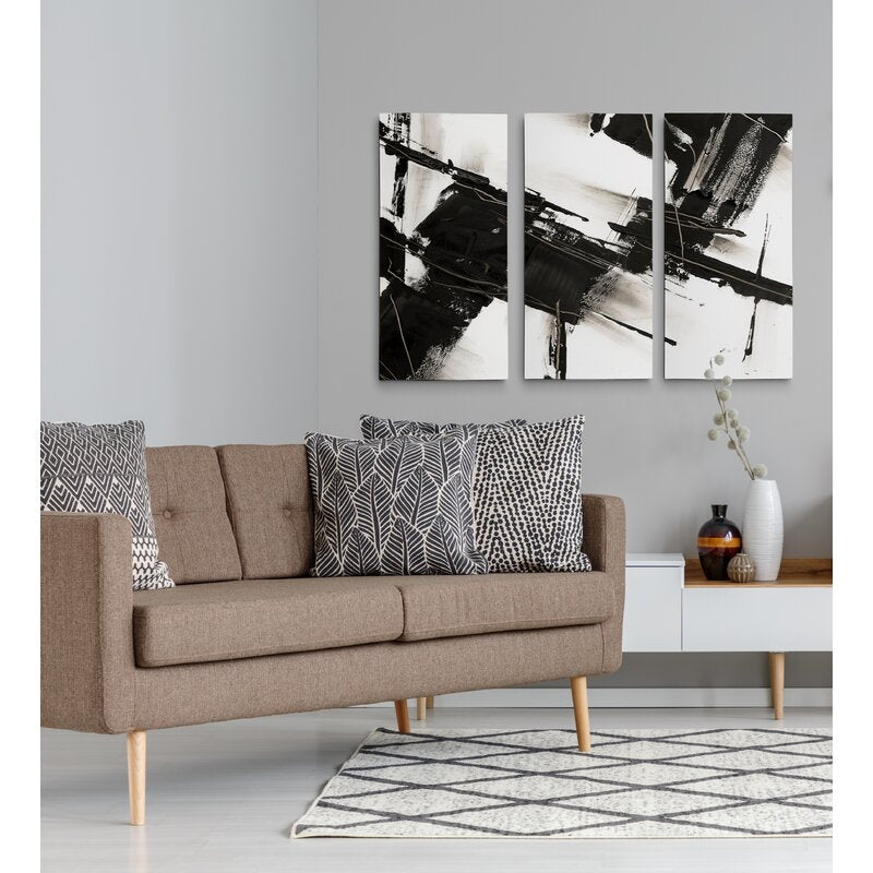 Contemporary Black and White Abstract Triptych Canvas Art