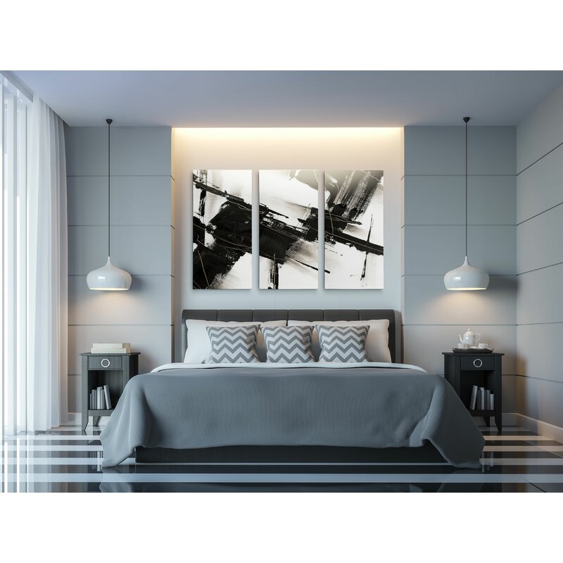 Contemporary Black and White Abstract Triptych Canvas Art
