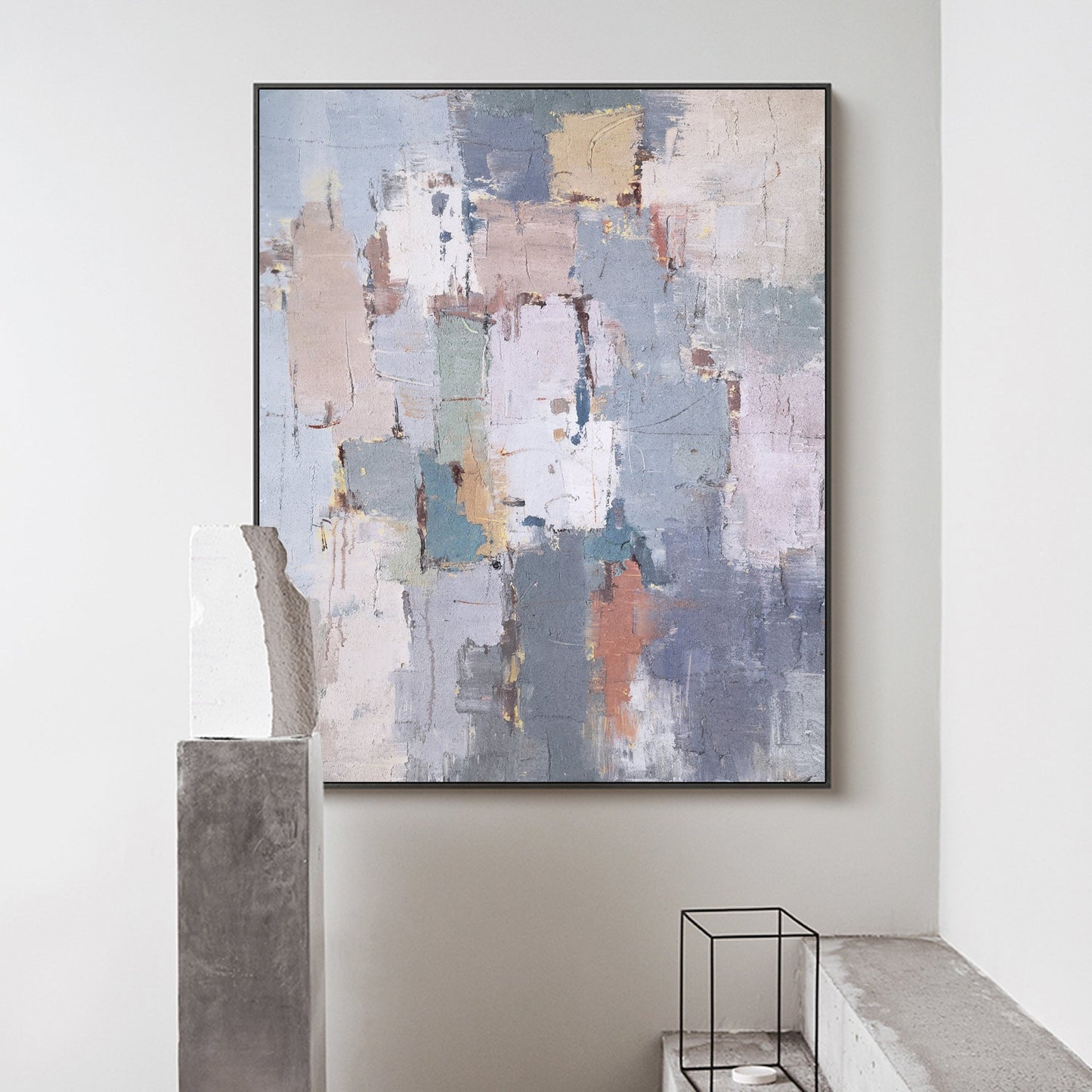 Contemporary Abstract Geometric Oil Painting in Soft Pastel Colors for Modern Decor
